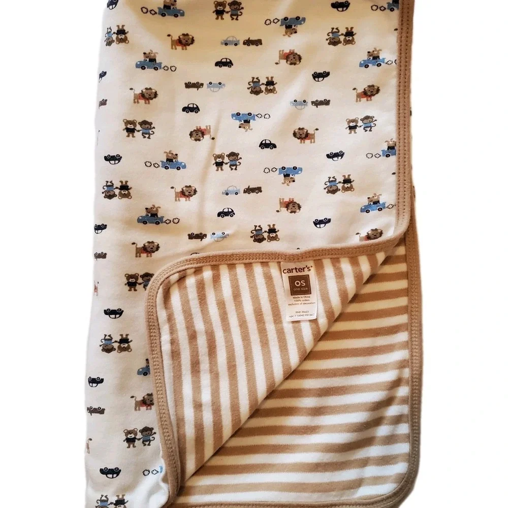 Carters Dog‎ Gone Cute Baby Blanket Tan White Stripe Monkey Lion Car Security